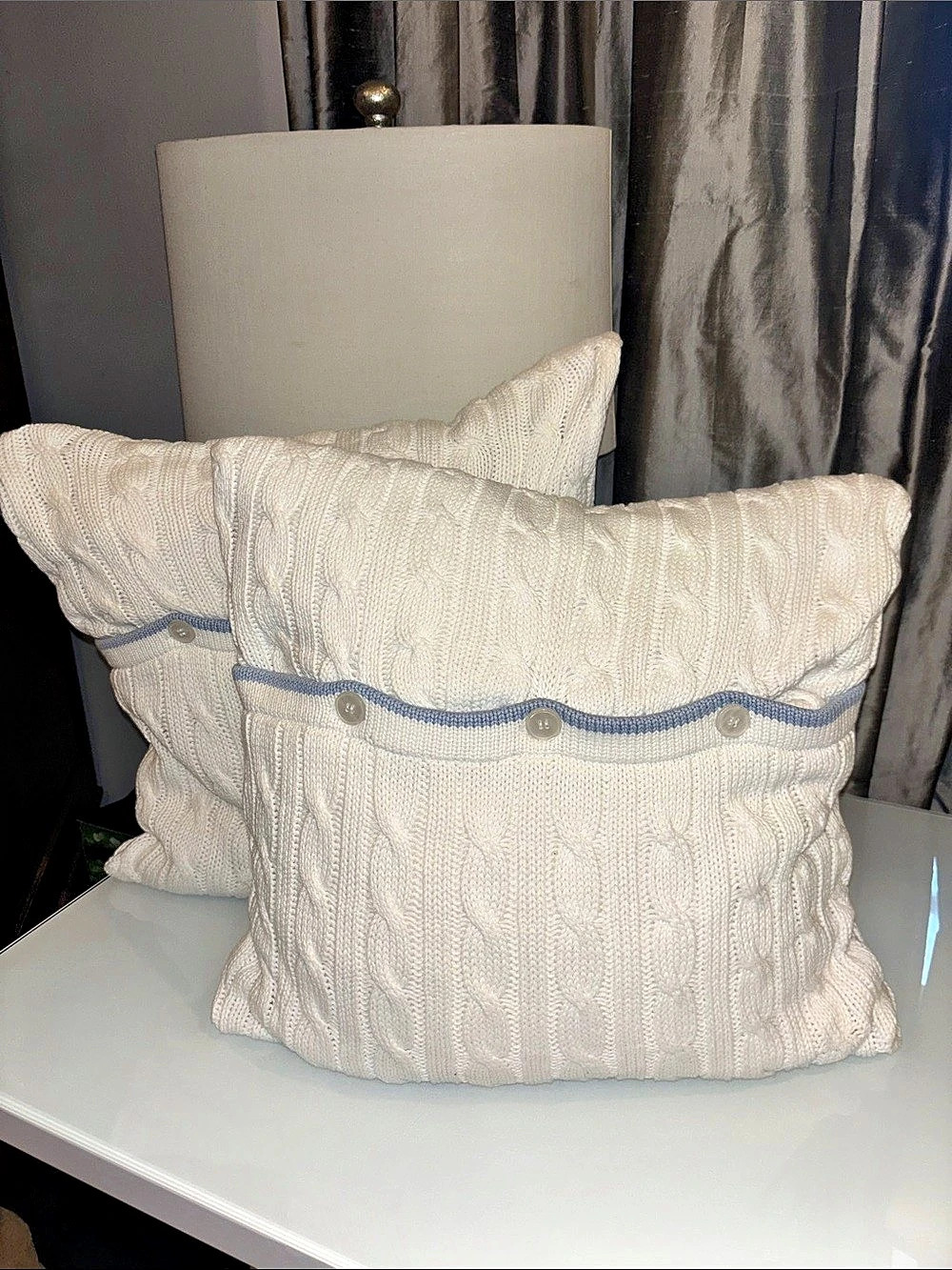 2 Nautica Cable Knit 16inch Accent Pillows in White & Blue